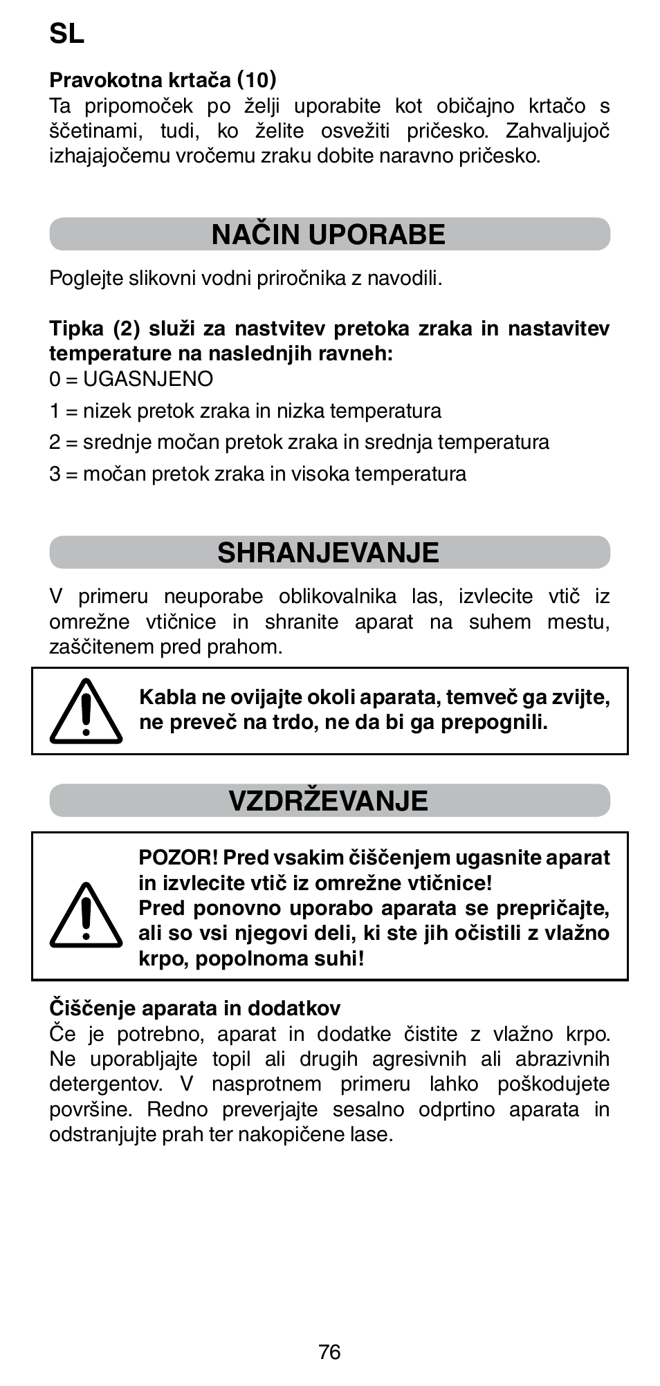 Način uporabe, Shranjevanje, Vzdrževanje | Imetec BELLISSIMA GH15 2000 User Manual | Page 78 / 79