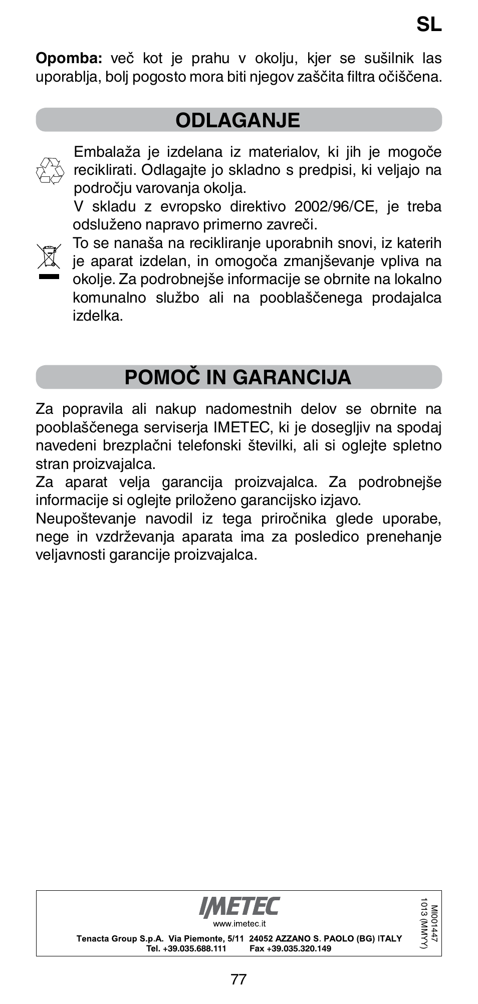 Odlaganje, Pomoč in garancija | Imetec BELLISSIMA GH15 2000 User Manual | Page 79 / 79