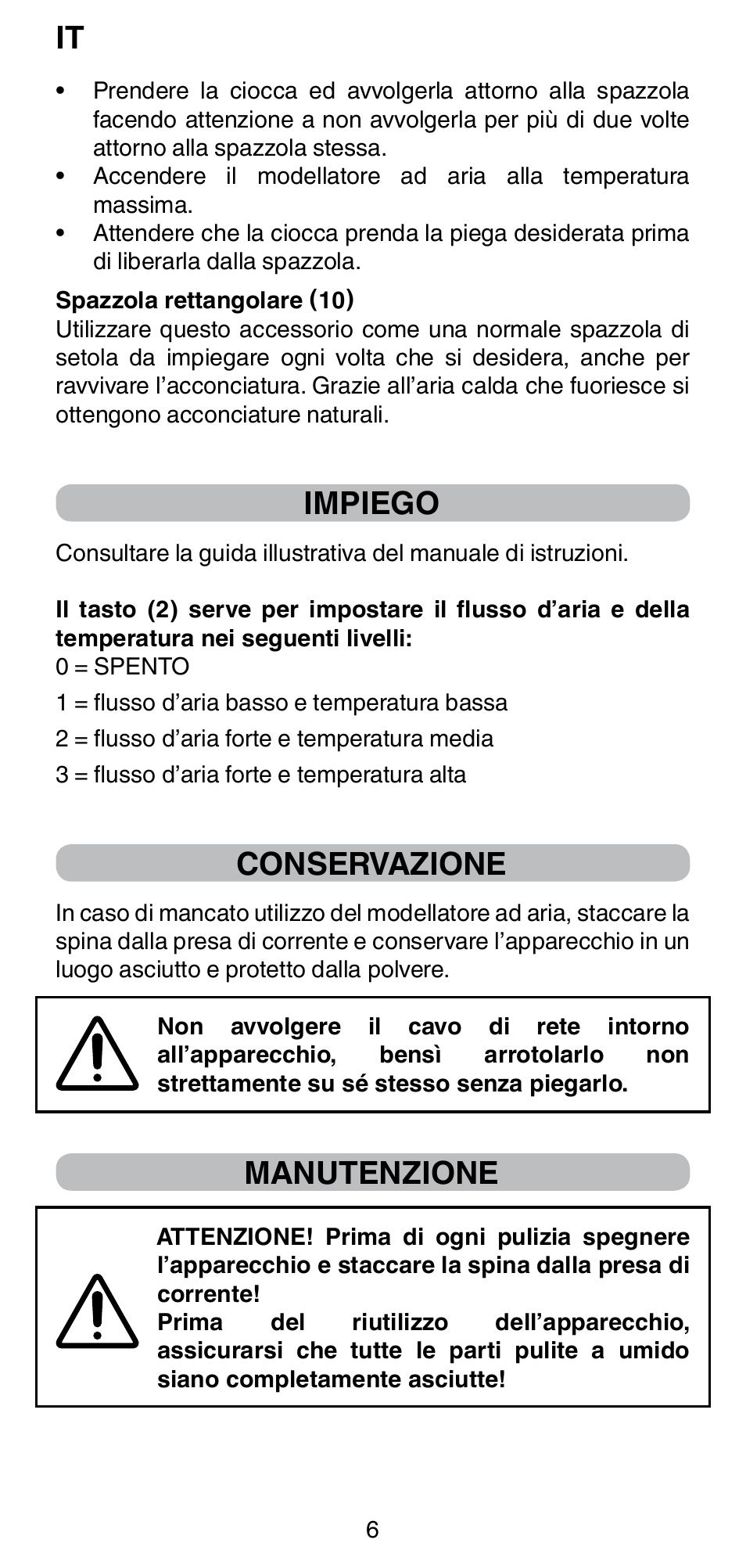 Impiego, Conservazione, Manutenzione | Imetec BELLISSIMA GH15 2000 User Manual | Page 8 / 79