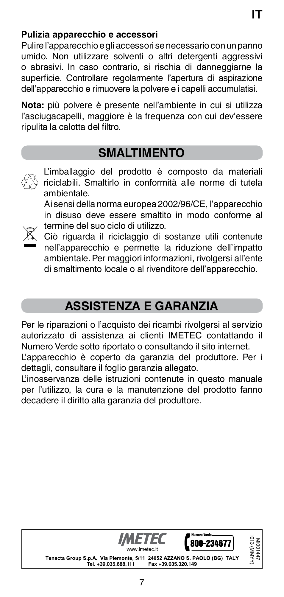 Smaltimento, Assistenza e garanzia | Imetec BELLISSIMA GH15 2000 User Manual | Page 9 / 79