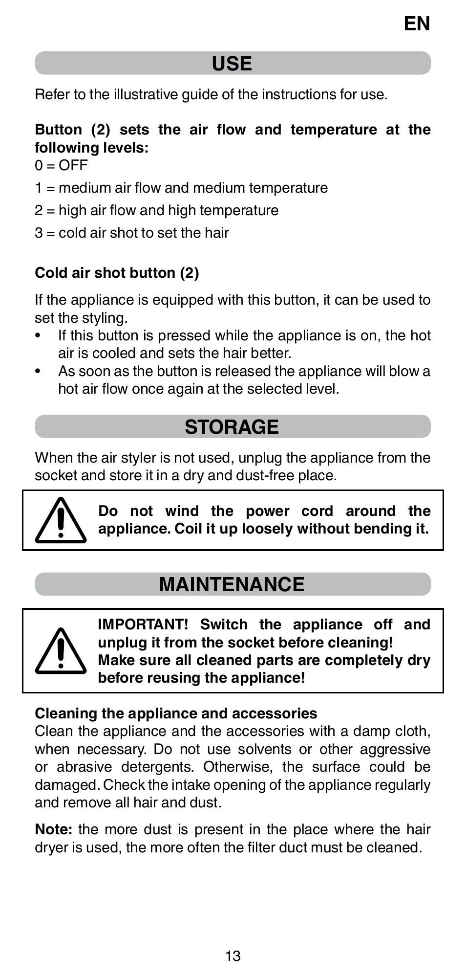 Storage, Maintenance | Imetec BELLISSIMA GH15 800 User Manual | Page 15 / 79