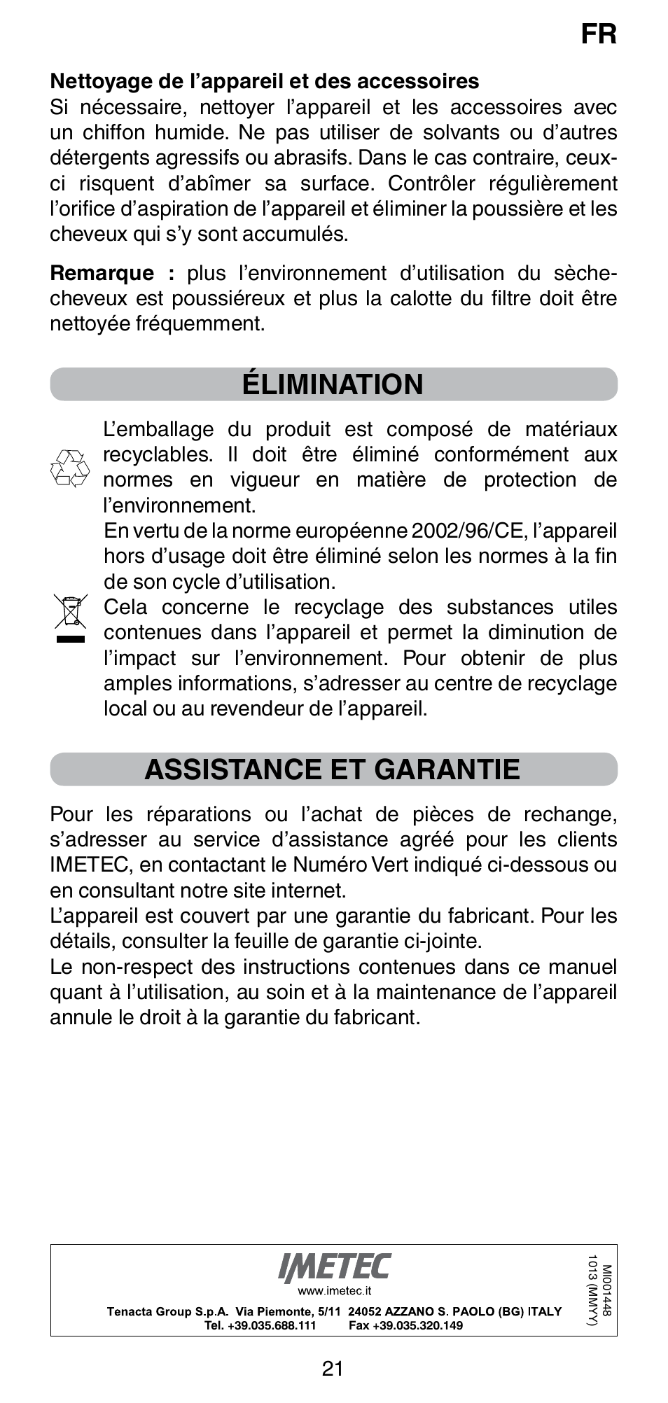 Élimination, Assistance et garantie | Imetec BELLISSIMA GH15 800 User Manual | Page 23 / 79