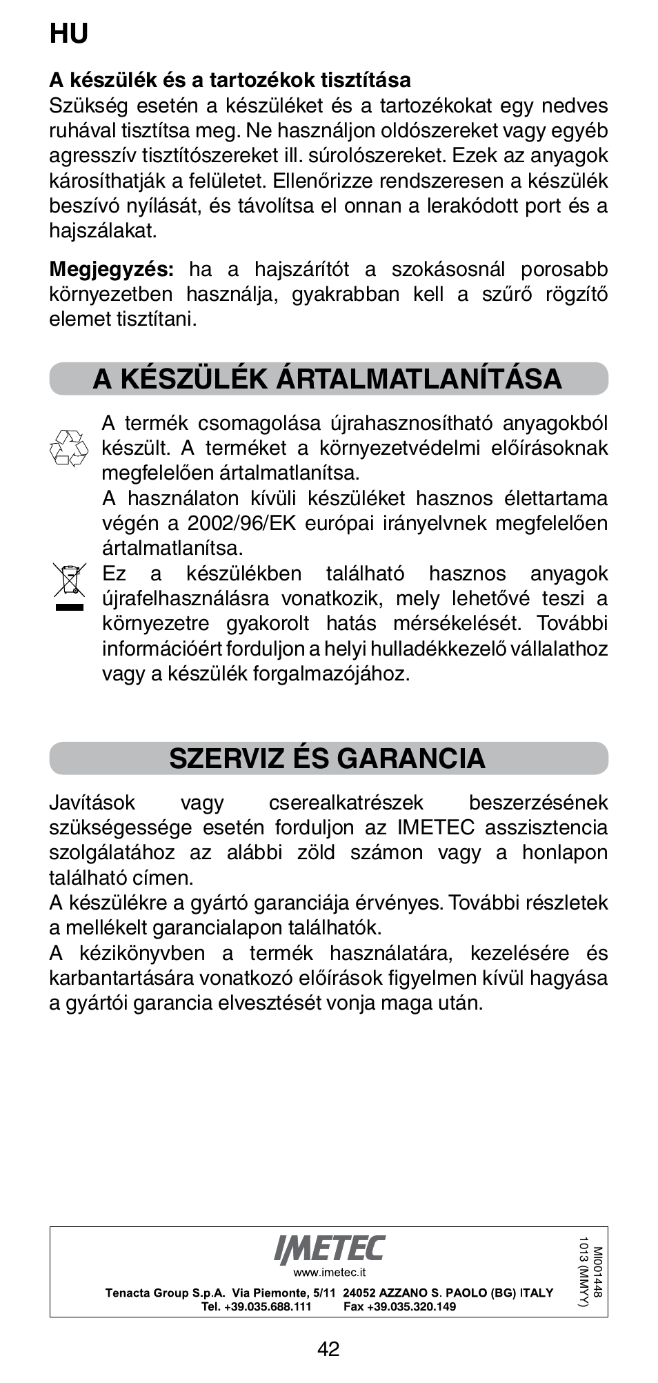 A készülék ártalmatlanítása, Szerviz és garancia | Imetec BELLISSIMA GH15 800 User Manual | Page 44 / 79