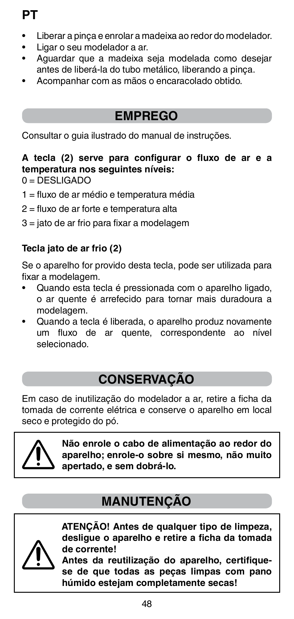 Emprego, Conservação, Manutenção | Imetec BELLISSIMA GH15 800 User Manual | Page 50 / 79