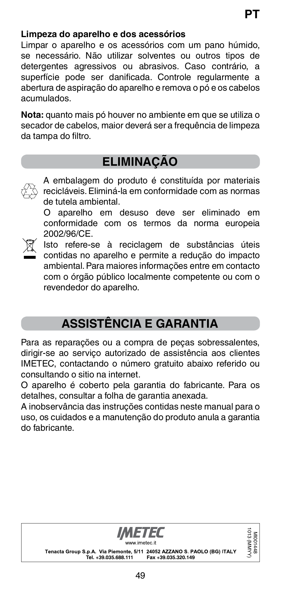 Eliminação, Assistência e garantia | Imetec BELLISSIMA GH15 800 User Manual | Page 51 / 79