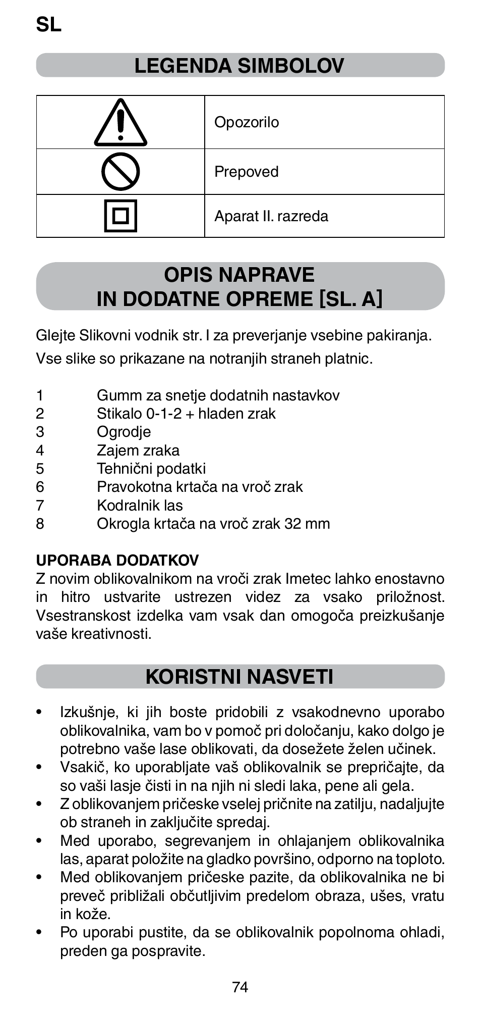 Legenda simbolov, Opis naprave in dodatne opreme [sl. a, Koristni nasveti | Imetec BELLISSIMA GH15 800 User Manual | Page 76 / 79