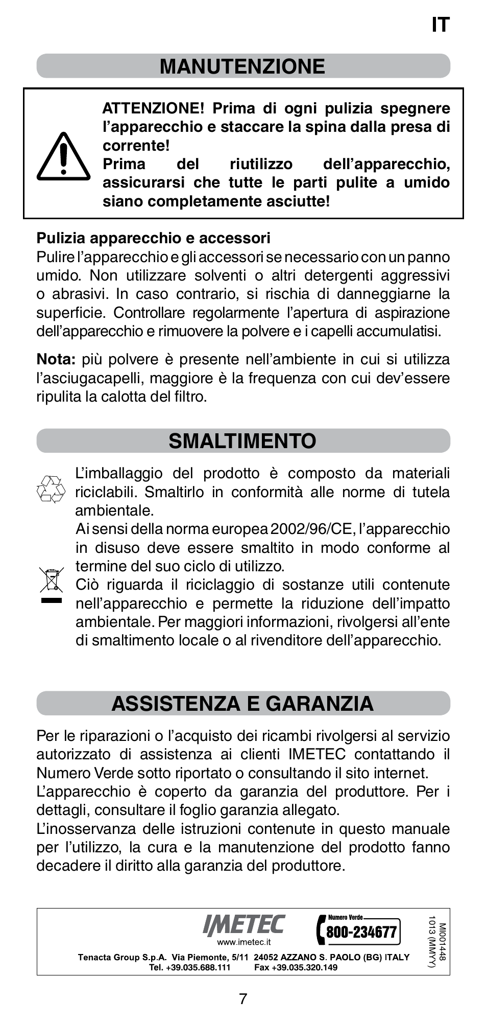 Manutenzione, Smaltimento, Assistenza e garanzia | Imetec BELLISSIMA GH15 800 User Manual | Page 9 / 79