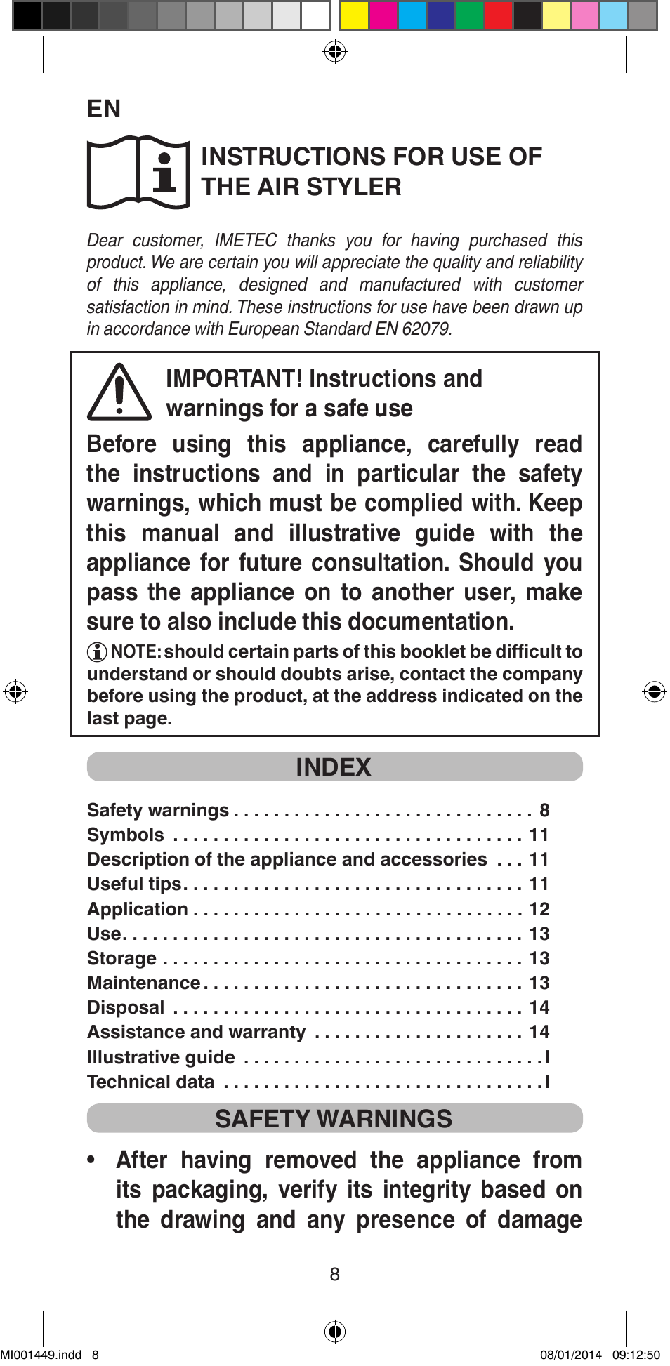 Instructions for use of the air styler, Index | Imetec BELLISSIMA GH16 400 User Manual | Page 10 / 79