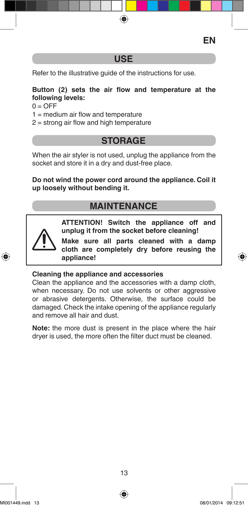 Storage, Maintenance | Imetec BELLISSIMA GH16 400 User Manual | Page 15 / 79