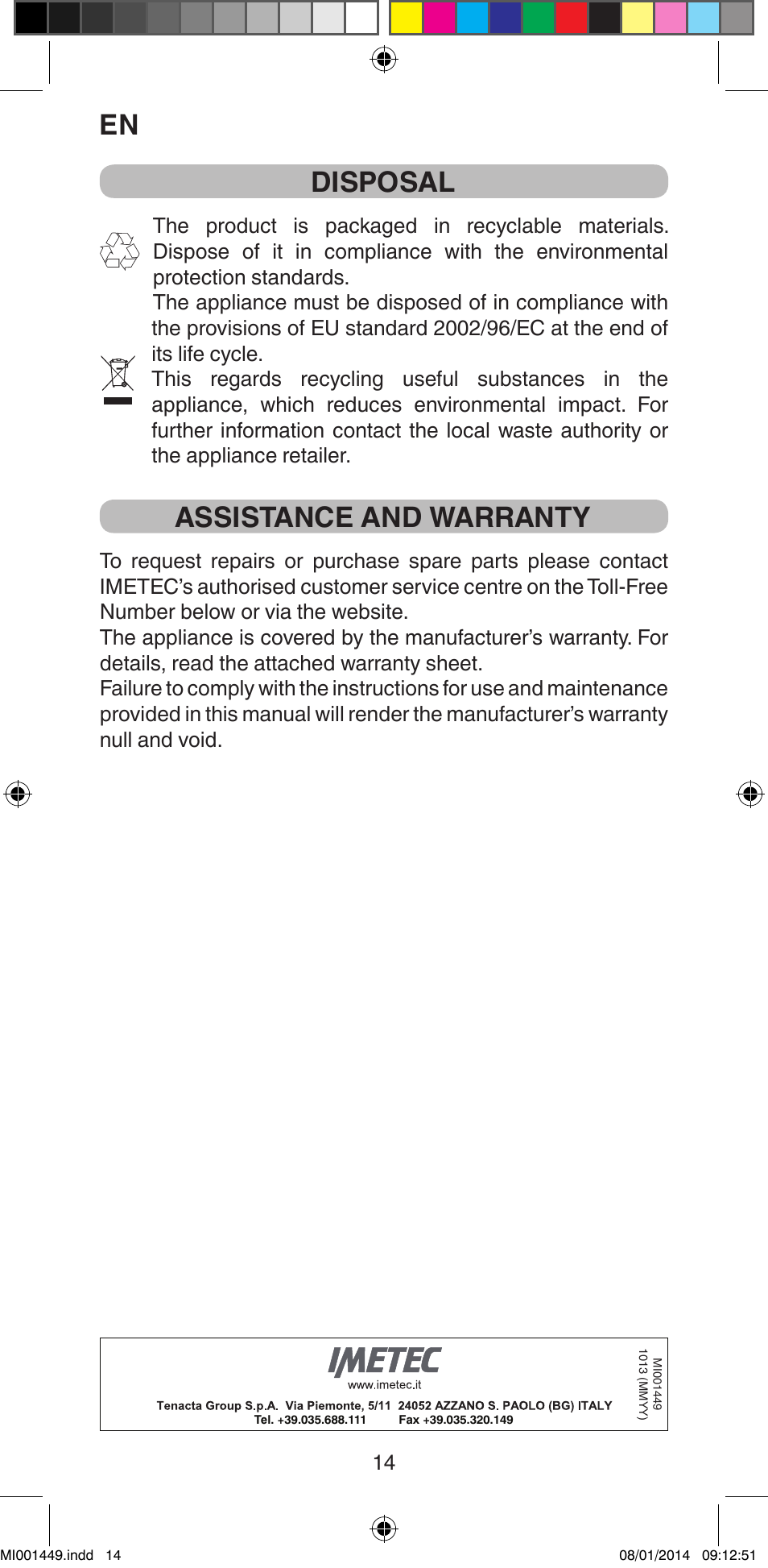 Disposal, Assistance and warranty | Imetec BELLISSIMA GH16 400 User Manual | Page 16 / 79