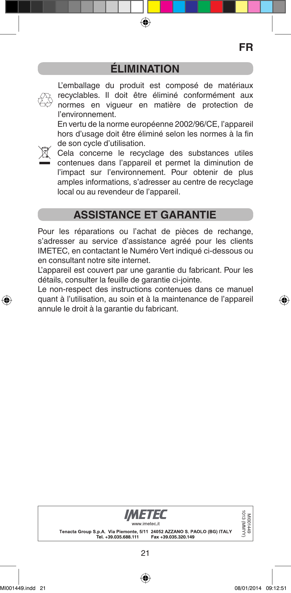 Élimination, Assistance et garantie | Imetec BELLISSIMA GH16 400 User Manual | Page 23 / 79