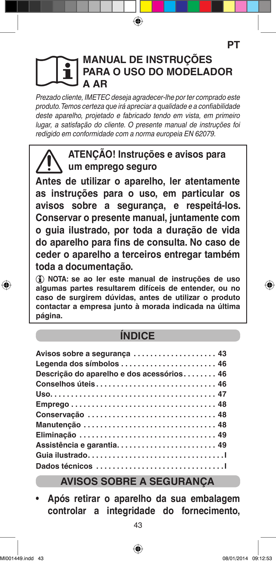 Manual de instruções para o uso do modelador a ar, Índice | Imetec BELLISSIMA GH16 400 User Manual | Page 45 / 79