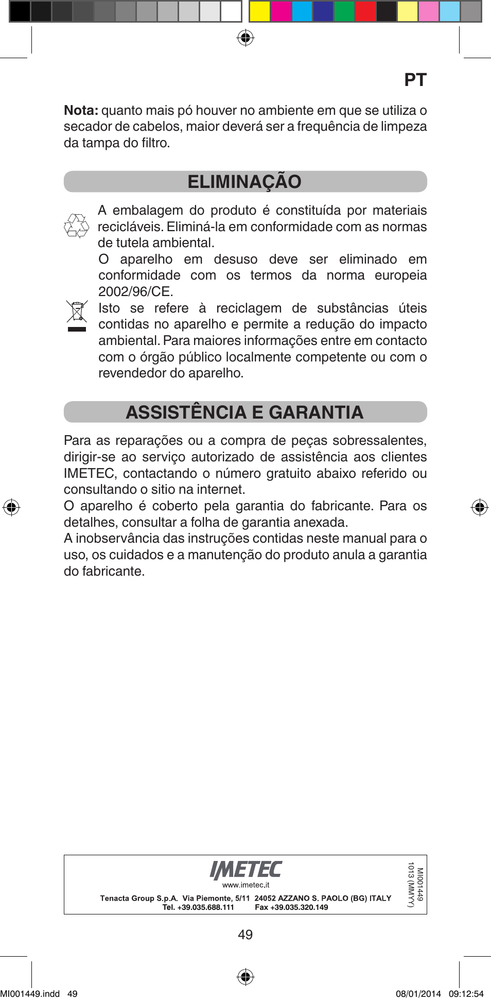 Eliminação, Assistência e garantia | Imetec BELLISSIMA GH16 400 User Manual | Page 51 / 79