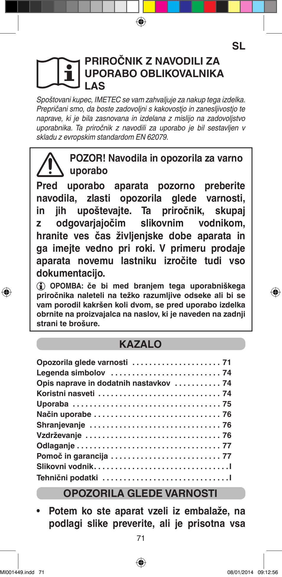 Priročnik z navodili za uporabo oblikovalnika las, Kazalo | Imetec BELLISSIMA GH16 400 User Manual | Page 73 / 79