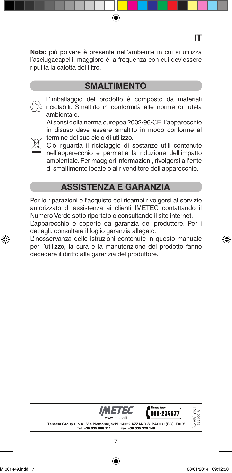 Smaltimento, Assistenza e garanzia | Imetec BELLISSIMA GH16 400 User Manual | Page 9 / 79