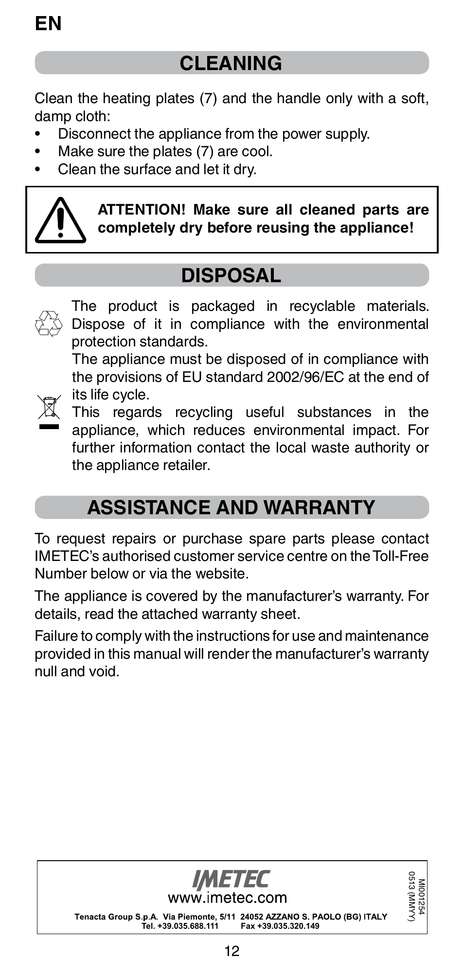 Cleaning, Disposal, Assistance and warranty | Imetec BELLISSIMA CREATIVITY B8 100 User Manual | Page 14 / 68