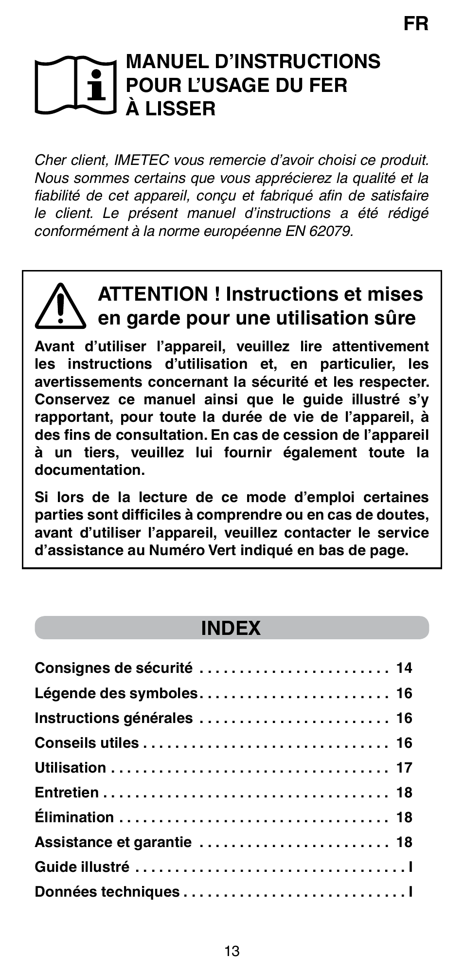 Manuel d’instructions pour l’usage du fer à lisser, Index | Imetec BELLISSIMA CREATIVITY B8 100 User Manual | Page 15 / 68