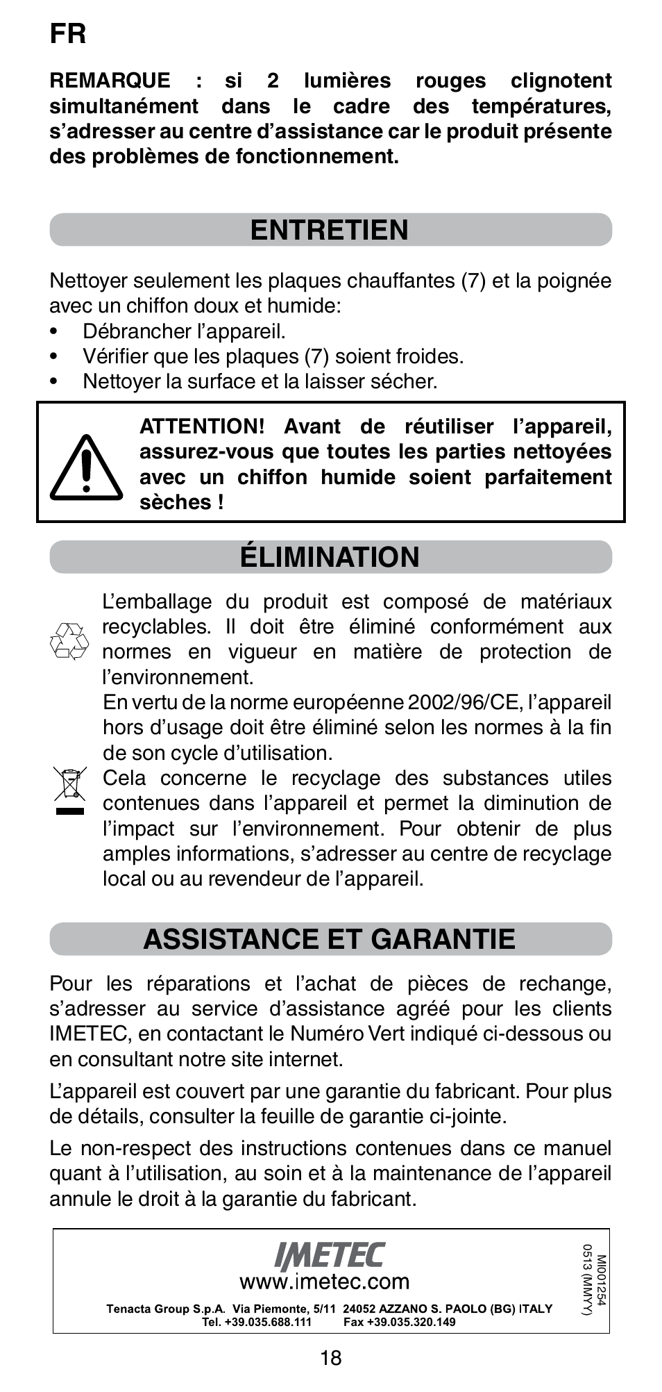 Entretien, Élimination, Assistance et garantie | Imetec BELLISSIMA CREATIVITY B8 100 User Manual | Page 20 / 68