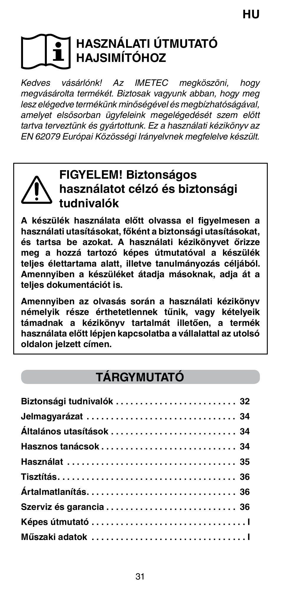 Használati útmutató hajsimítóhoz, Tárgymutató | Imetec BELLISSIMA CREATIVITY B8 100 User Manual | Page 33 / 68