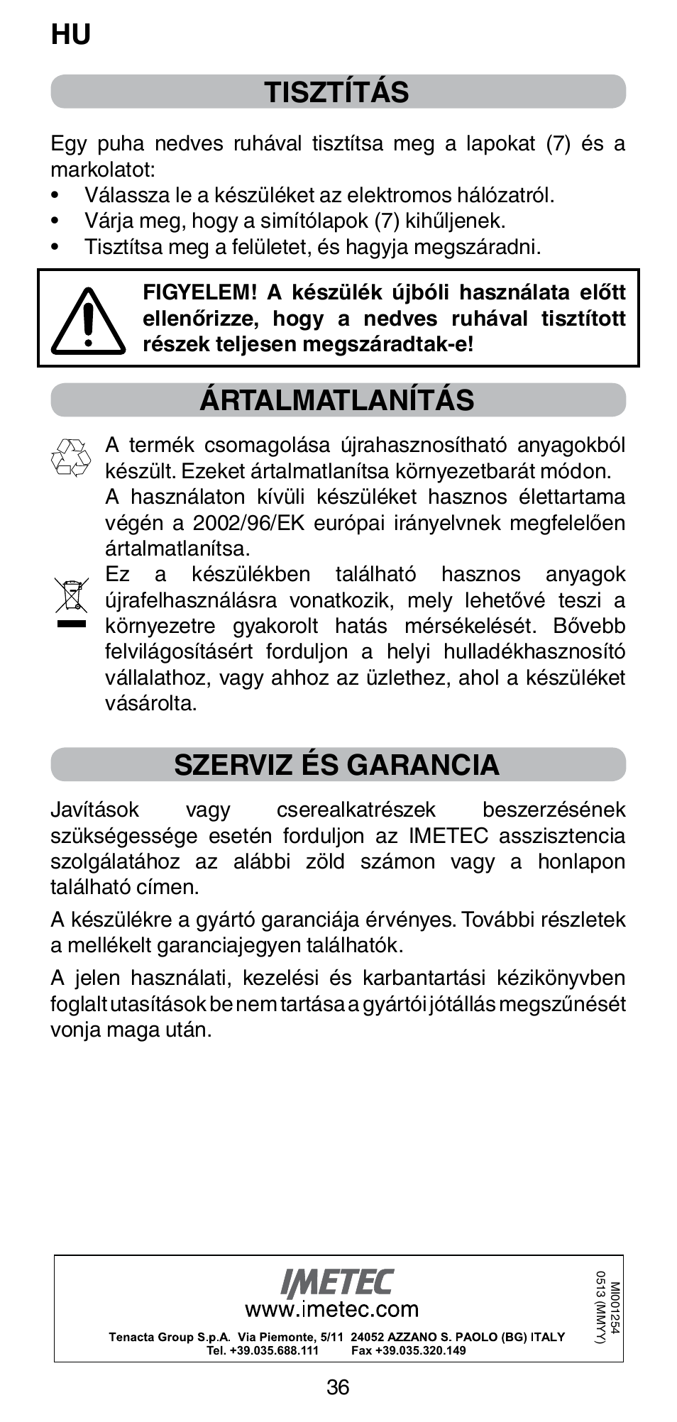 Tisztítás, Ártalmatlanítás, Szerviz és garancia | Imetec BELLISSIMA CREATIVITY B8 100 User Manual | Page 38 / 68