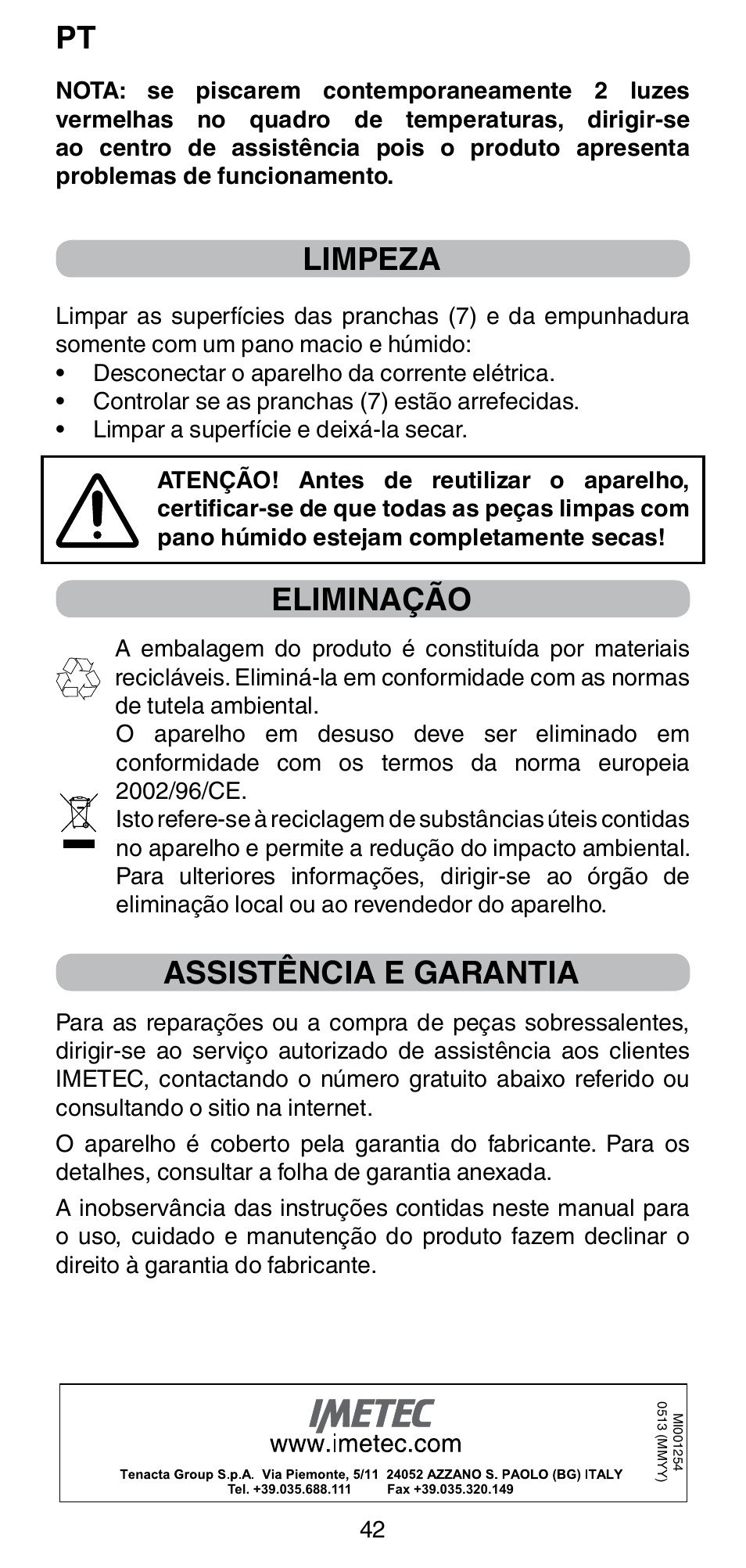 Limpeza, Eliminação, Assistência e garantia | Imetec BELLISSIMA CREATIVITY B8 100 User Manual | Page 44 / 68