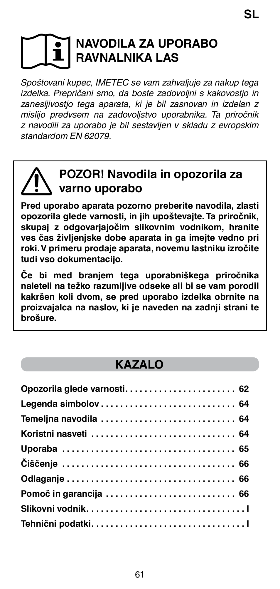 Navodila za uporabo ravnalnika las, Pozor! navodila in opozorila za varno uporabo, Kazalo | Imetec BELLISSIMA CREATIVITY B8 100 User Manual | Page 63 / 68