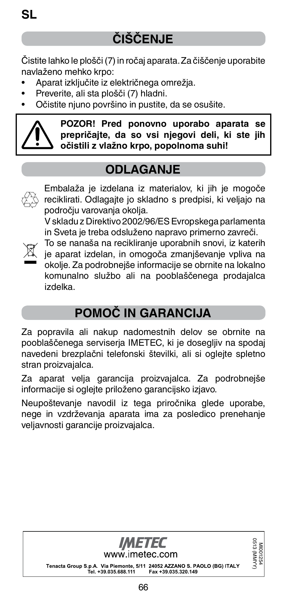 Čiščenje, Odlaganje, Pomoč in garancija | Imetec BELLISSIMA CREATIVITY B8 100 User Manual | Page 68 / 68