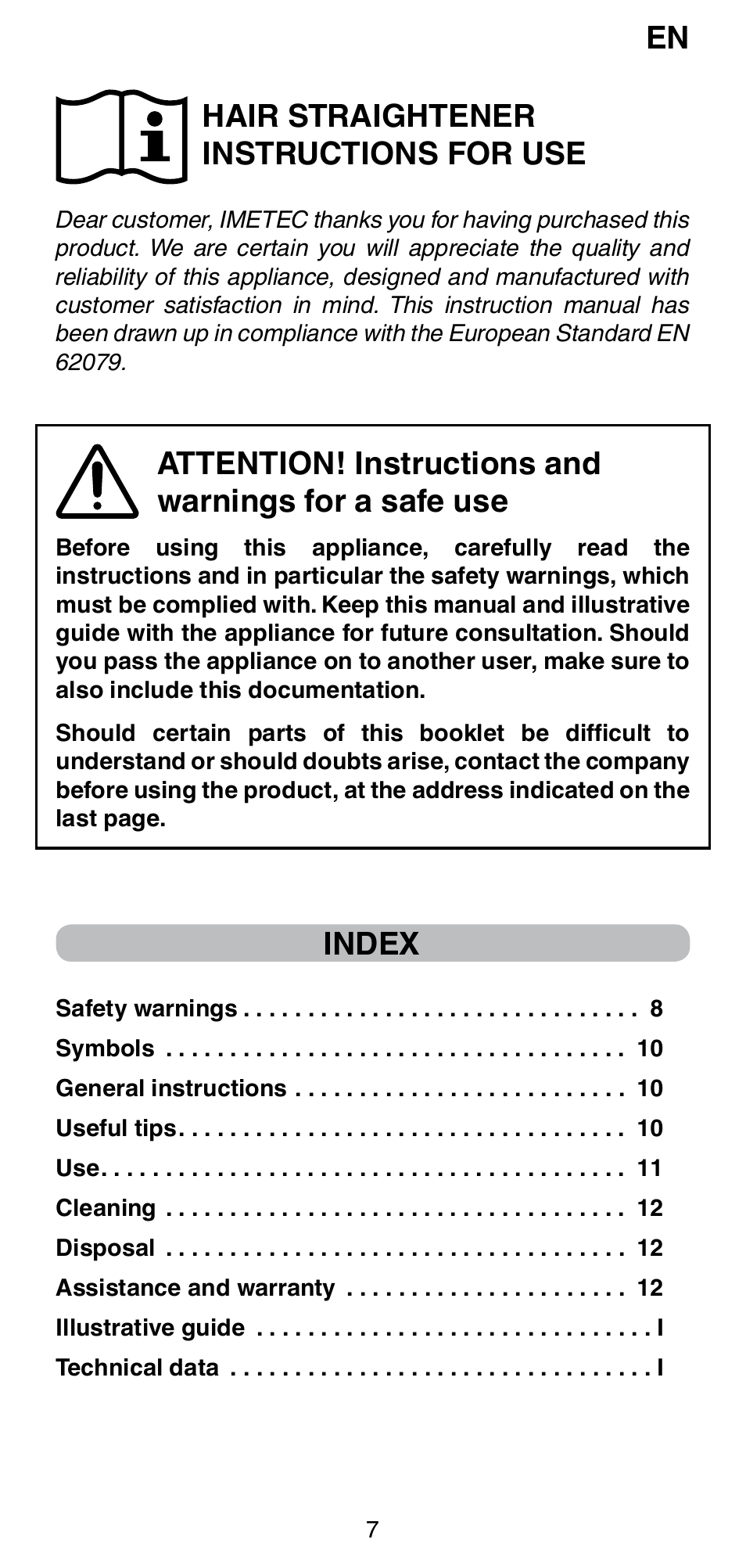 Hair straightener instructions for use, Index | Imetec BELLISSIMA CREATIVITY B8 100 User Manual | Page 9 / 68