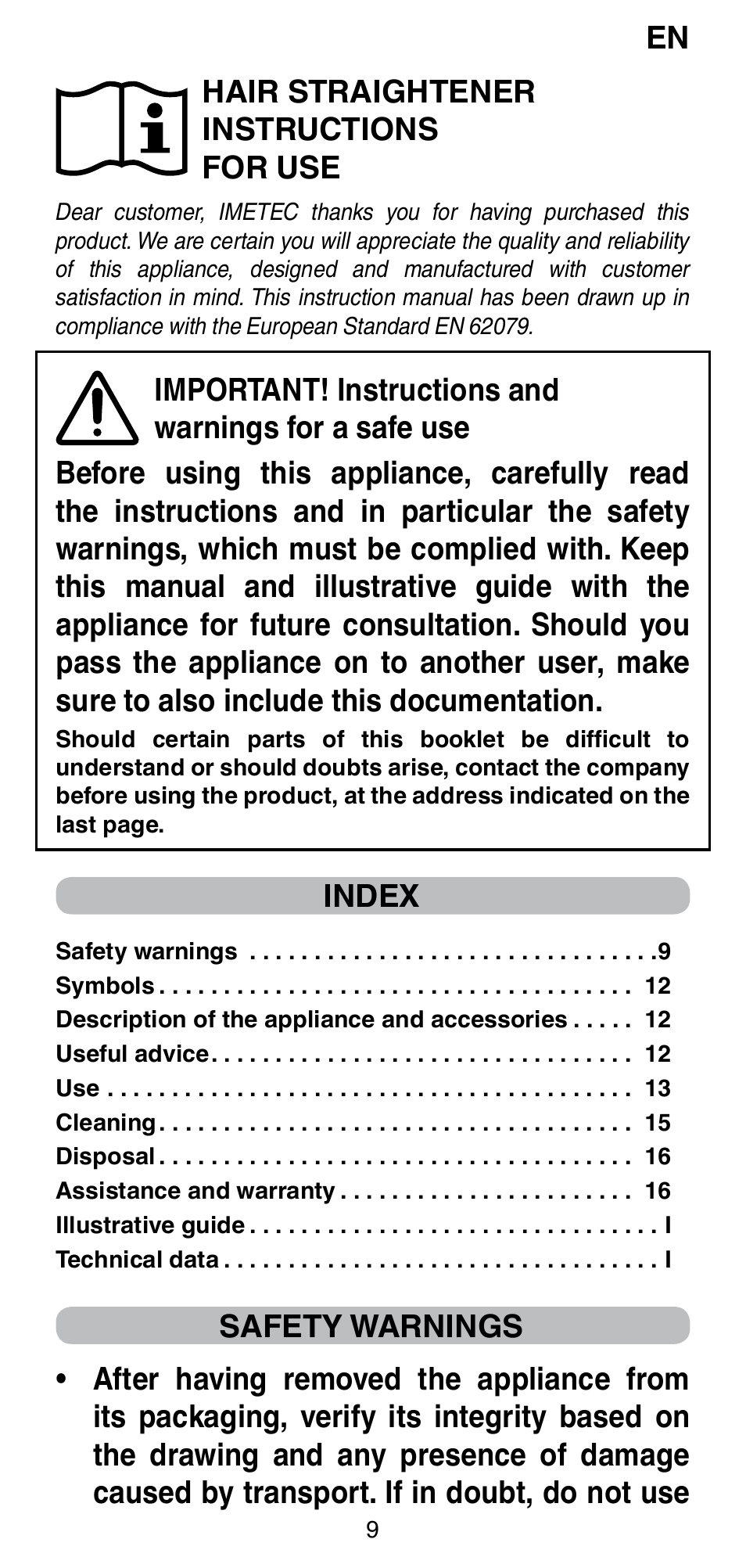 En hair straightener instructions for use, Index | Imetec BELLISSIMA CREATIVITY STYLE CREATOR B6 200 User Manual | Page 11 / 90