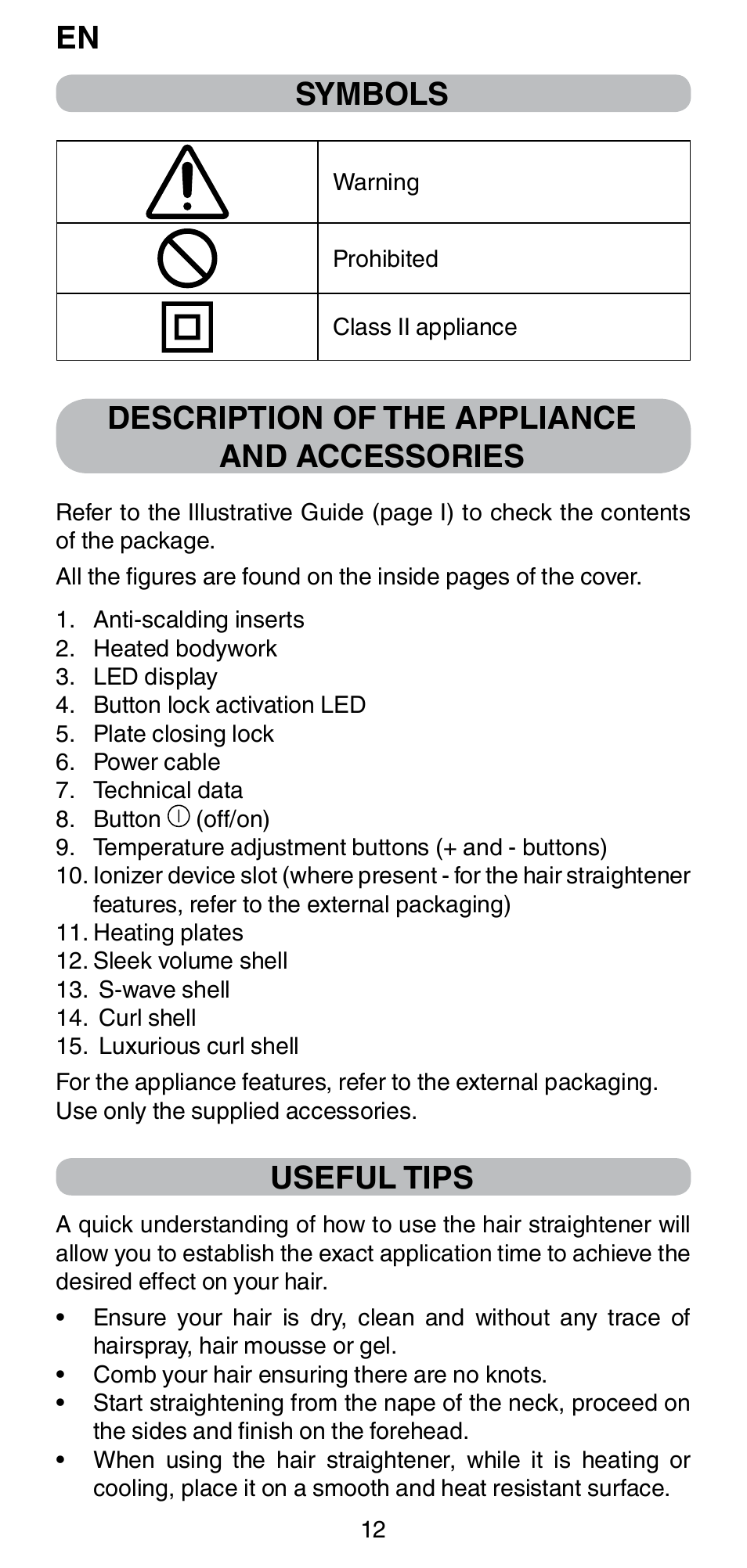 En symbols, Description of the appliance and accessories, Useful tips | Imetec BELLISSIMA CREATIVITY STYLE CREATOR B6 200 User Manual | Page 14 / 90