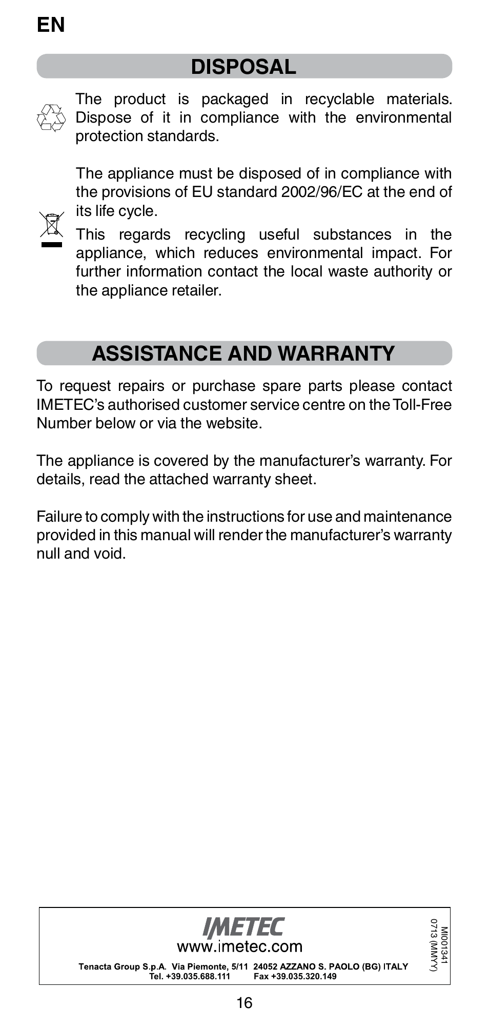 En disposal, Assistance and warranty | Imetec BELLISSIMA CREATIVITY STYLE CREATOR B6 200 User Manual | Page 18 / 90