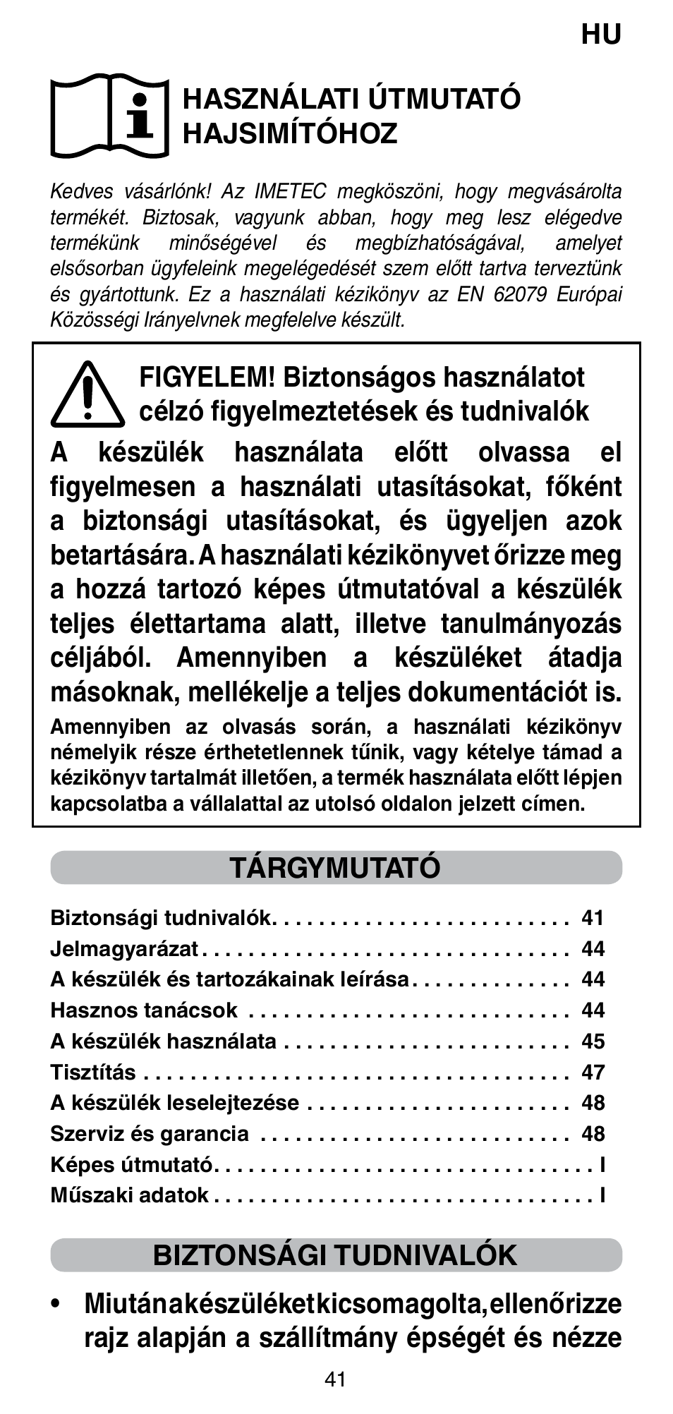 Hu használati útmutató hajsimítóhoz, Tárgymutató | Imetec BELLISSIMA CREATIVITY STYLE CREATOR B6 200 User Manual | Page 43 / 90