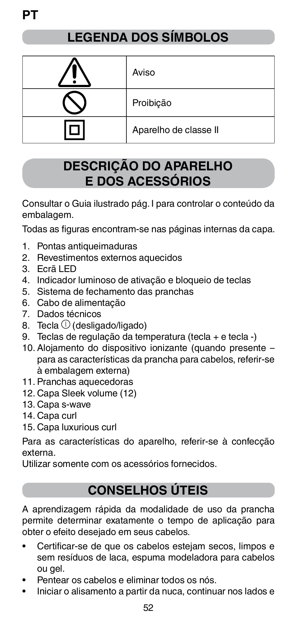 Pt legenda dos símbolos, Descrição do aparelho e dos acessórios, Conselhos úteis | Imetec BELLISSIMA CREATIVITY STYLE CREATOR B6 200 User Manual | Page 54 / 90