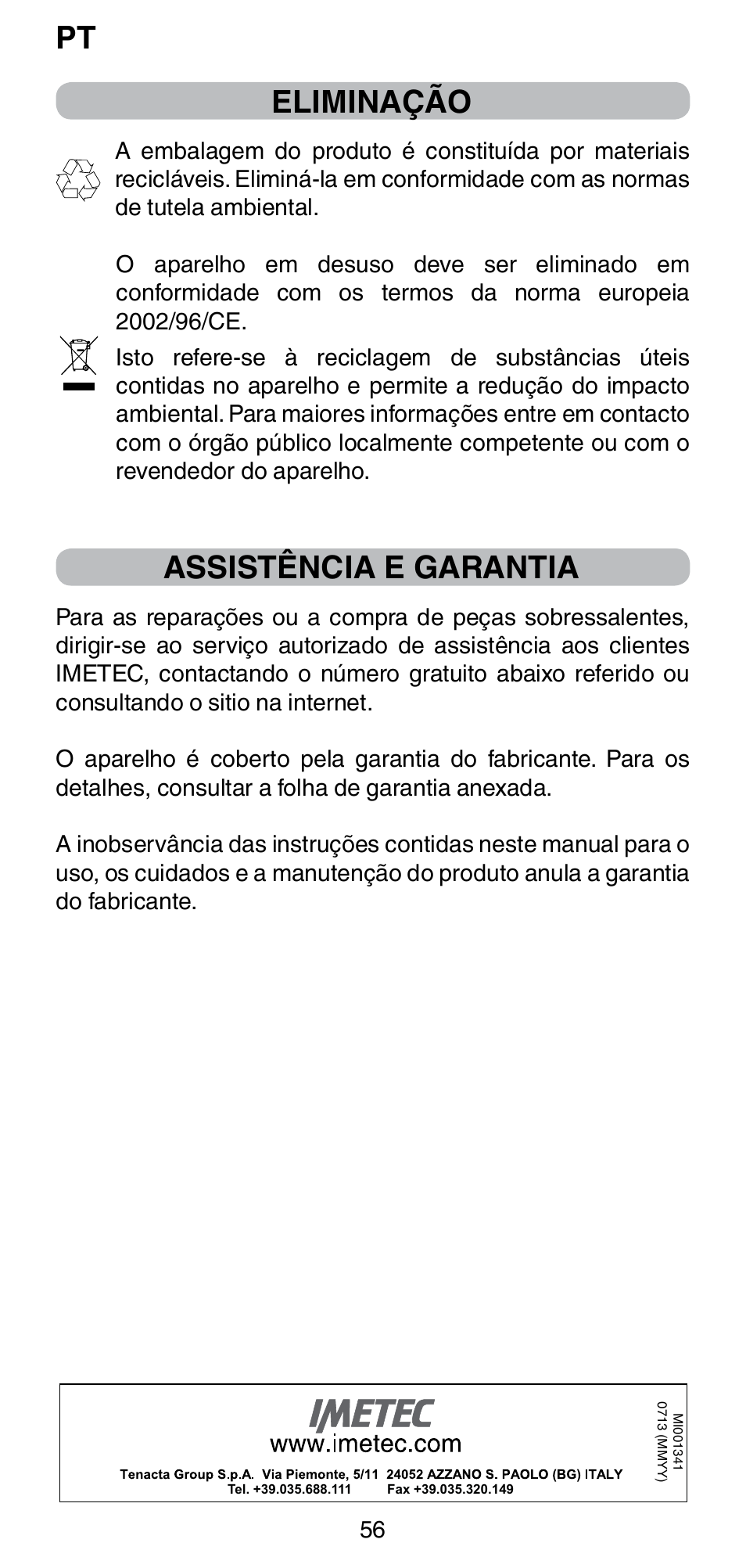 Pt eliminação, Assistência e garantia | Imetec BELLISSIMA CREATIVITY STYLE CREATOR B6 200 User Manual | Page 58 / 90