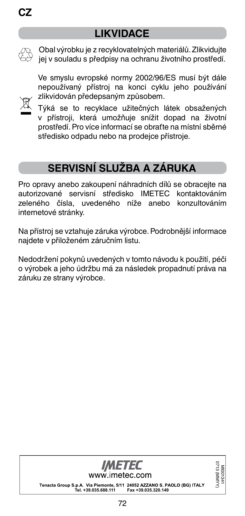 Cz likvidace, Servisní služba a záruka | Imetec BELLISSIMA CREATIVITY STYLE CREATOR B6 200 User Manual | Page 74 / 90