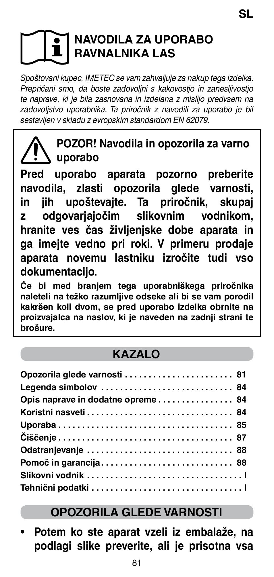 Sl navodila za uporabo ravnalnika las, Kazalo | Imetec BELLISSIMA CREATIVITY STYLE CREATOR B6 200 User Manual | Page 83 / 90