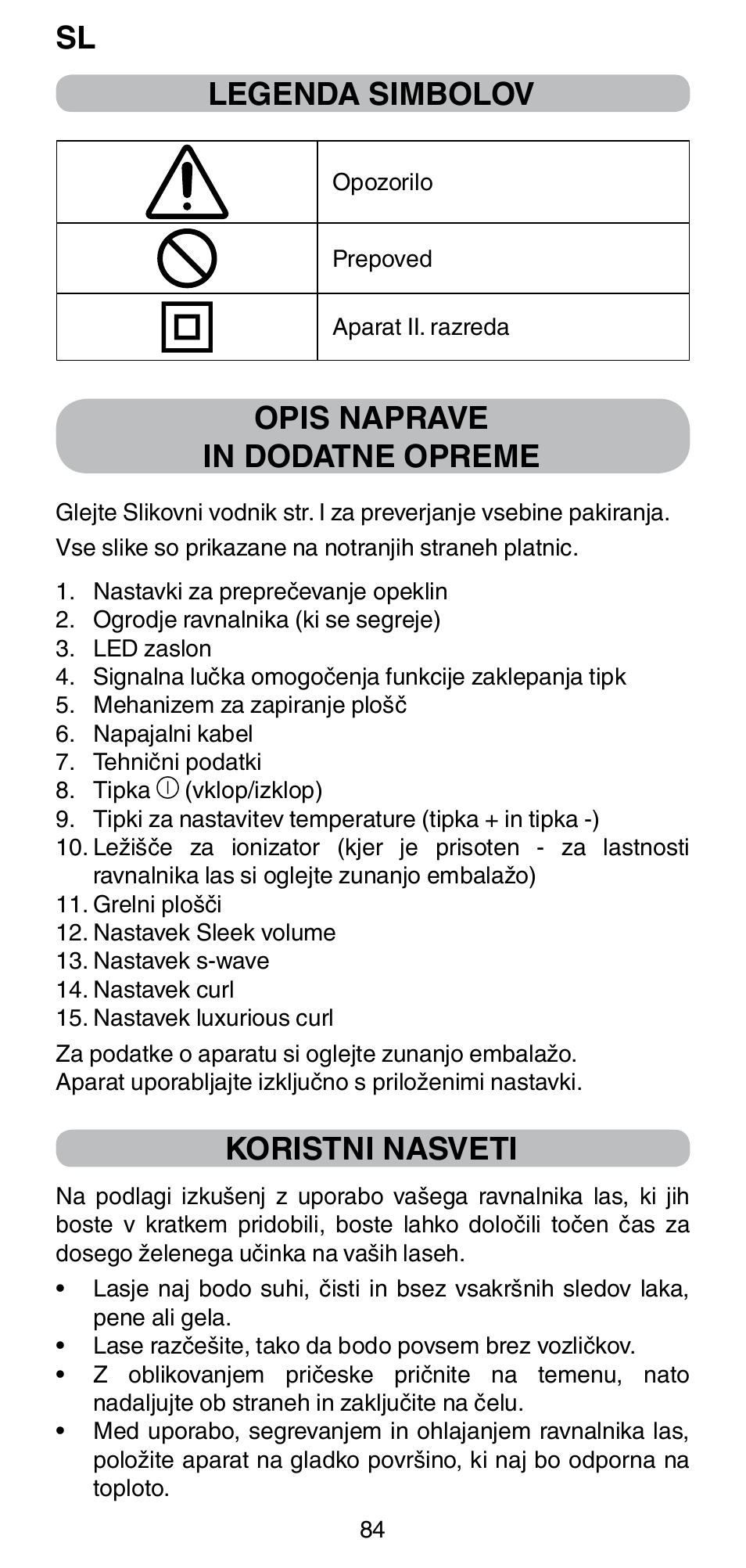 Sl legenda simbolov, Opis naprave in dodatne opreme, Koristni nasveti | Imetec BELLISSIMA CREATIVITY STYLE CREATOR B6 200 User Manual | Page 86 / 90