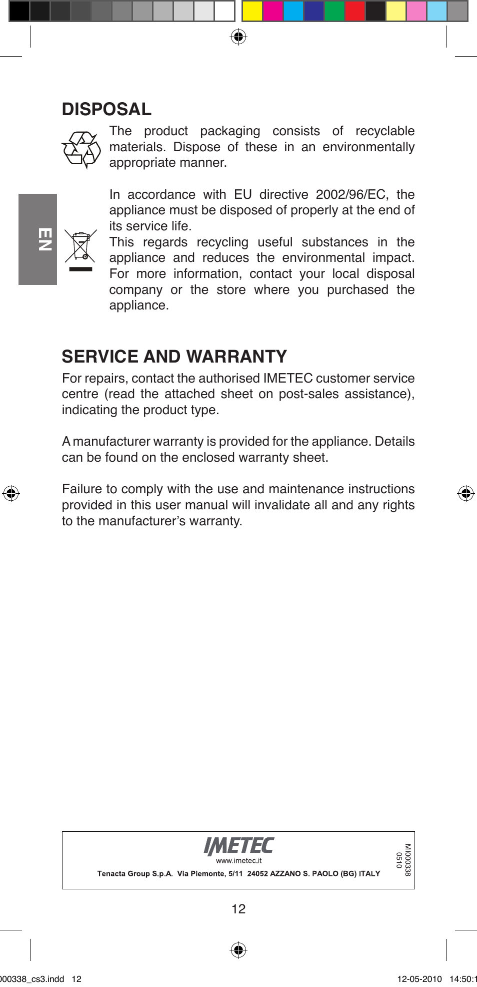 Disposal, Service and warranty | Imetec BELLISSIMA ABSOLUTE BA8 230I User Manual | Page 14 / 44