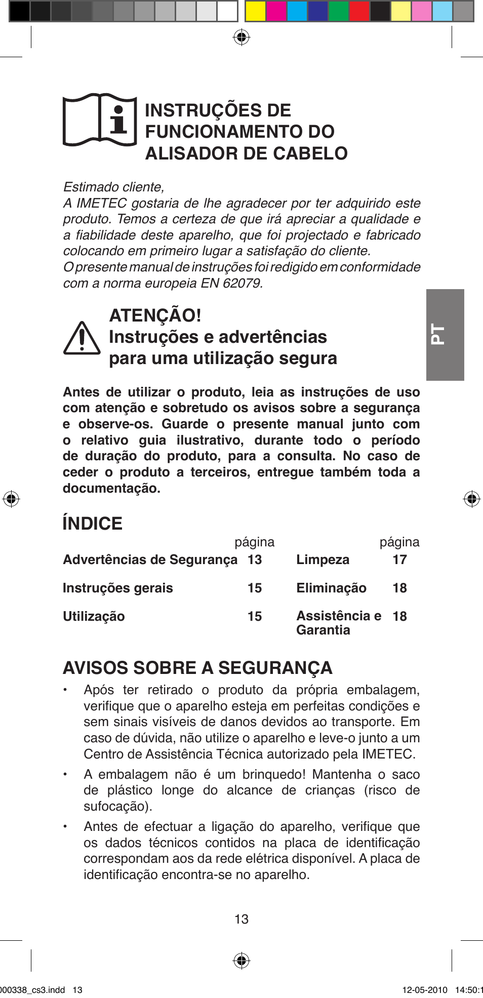 Instruções de funcionamento do alisador de cabelo, Índice, Avisos sobre a segurança | Imetec BELLISSIMA ABSOLUTE BA8 230I User Manual | Page 15 / 44