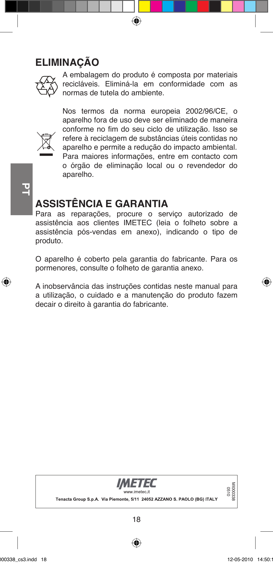 Eliminação, Assistência e garantia | Imetec BELLISSIMA ABSOLUTE BA8 230I User Manual | Page 20 / 44