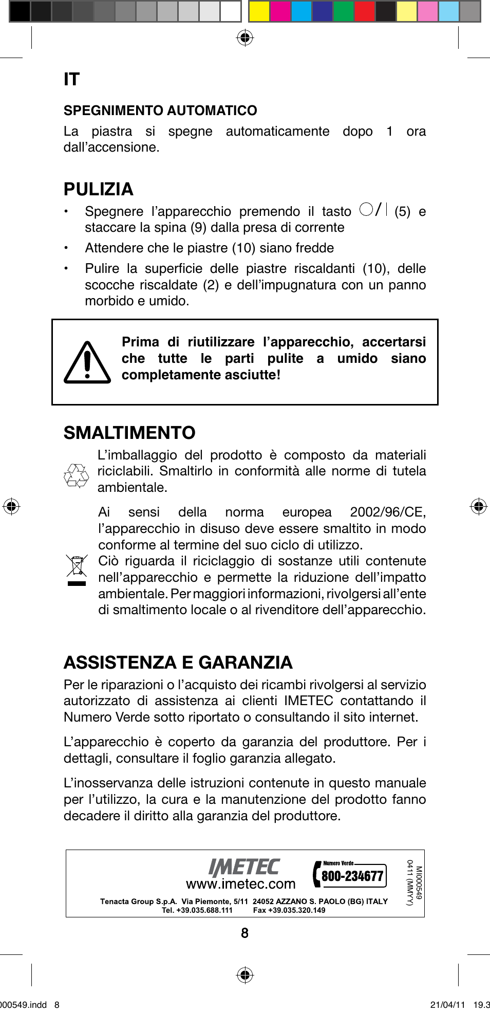 Pulizia, Smaltimento, Assistenza e garanzia | Imetec BELLISSIMA CREATIVITY STYLE CREATOR B7 500 User Manual | Page 10 / 66