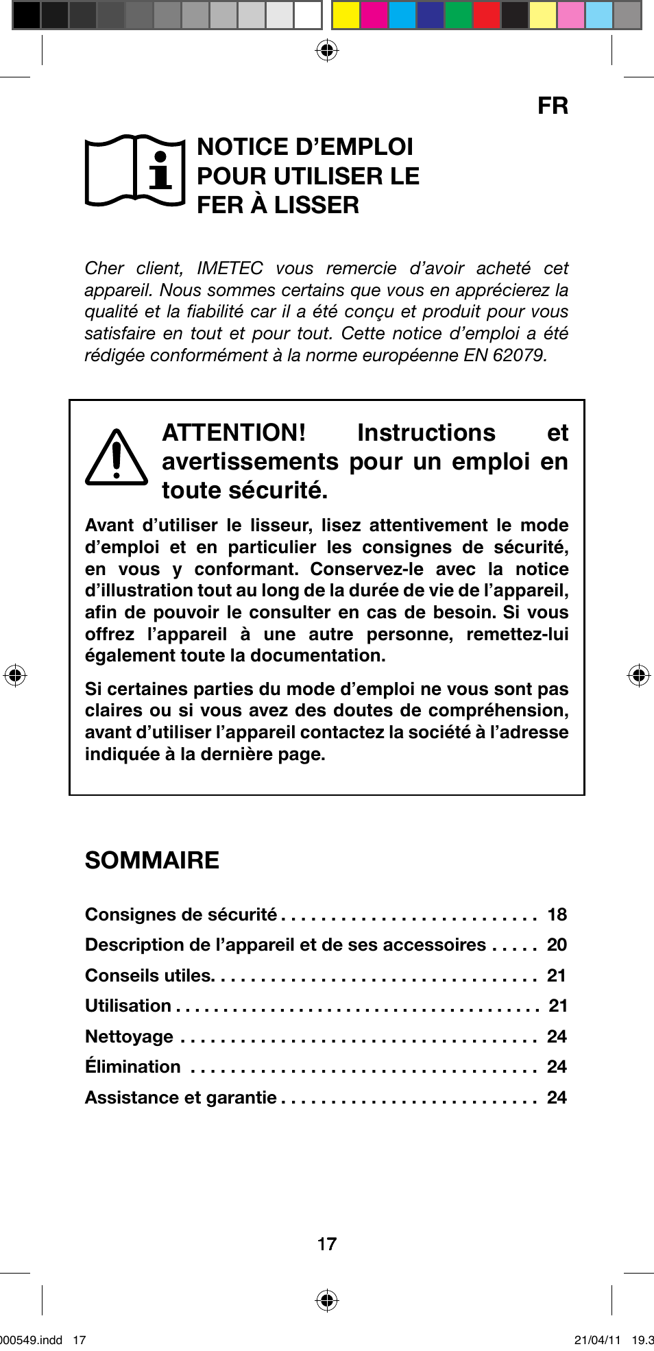 Notice d’emploi pour utiliser le fer à lisser, Sommaire | Imetec BELLISSIMA CREATIVITY STYLE CREATOR B7 500 User Manual | Page 19 / 66