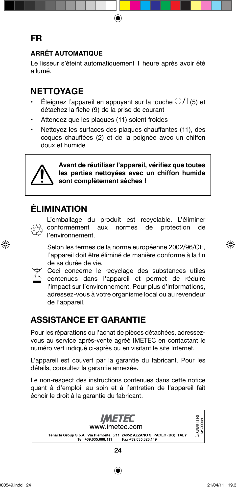 Nettoyage, Élimination, Assistance et garantie | Imetec BELLISSIMA CREATIVITY STYLE CREATOR B7 500 User Manual | Page 26 / 66