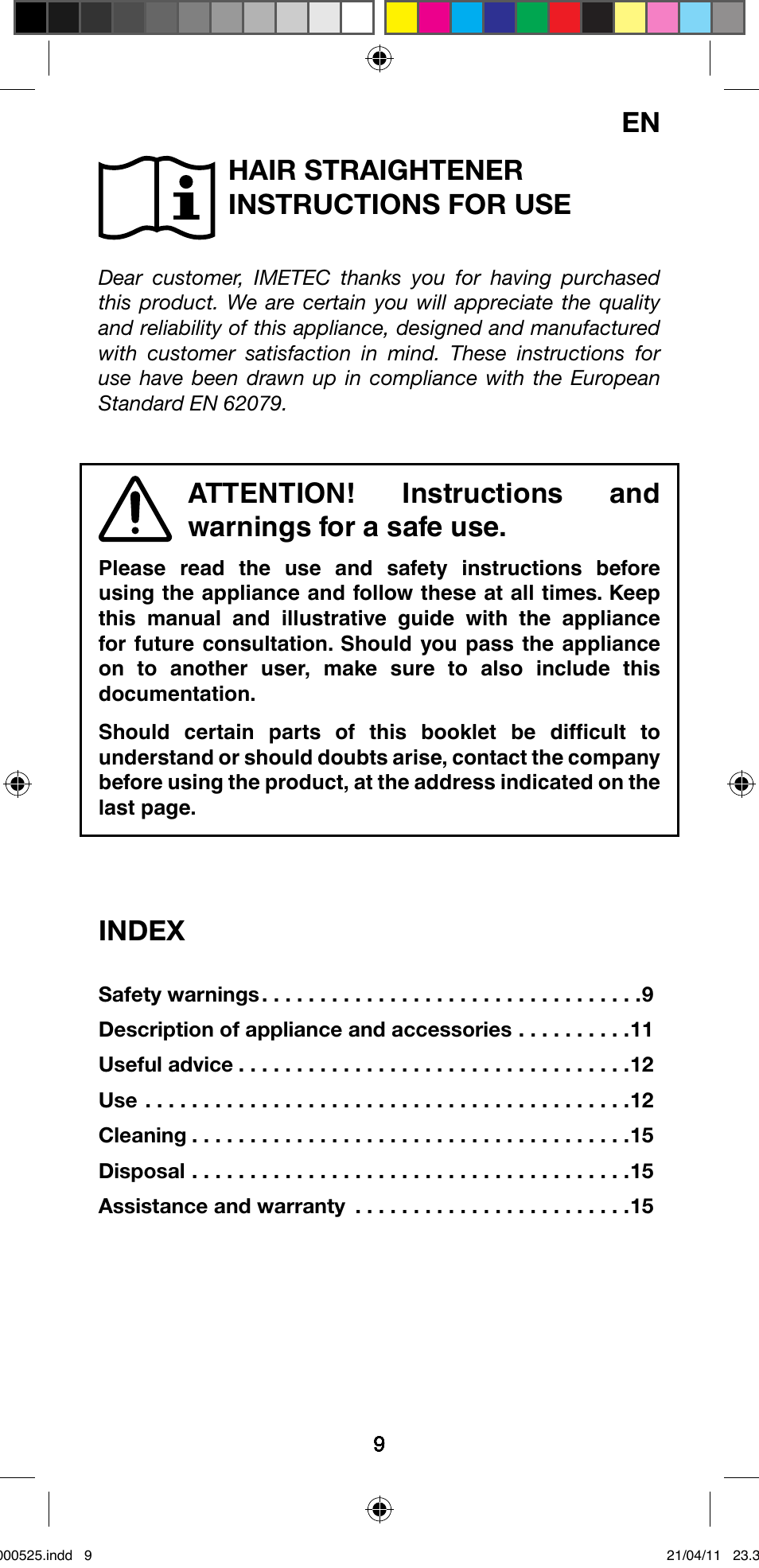 Hair straightener instructions for use, Index | Imetec BELLISSIMA CREATIVITY STYLE CREATOR B6 100 User Manual | Page 11 / 66