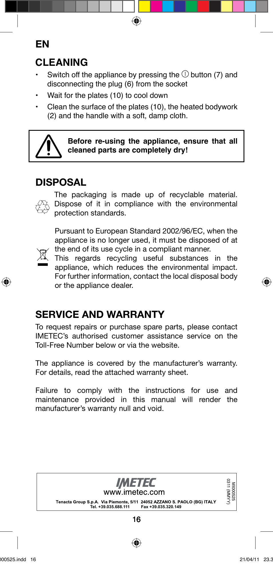 Cleaning, Disposal, Service and warranty | Imetec BELLISSIMA CREATIVITY STYLE CREATOR B6 100 User Manual | Page 18 / 66