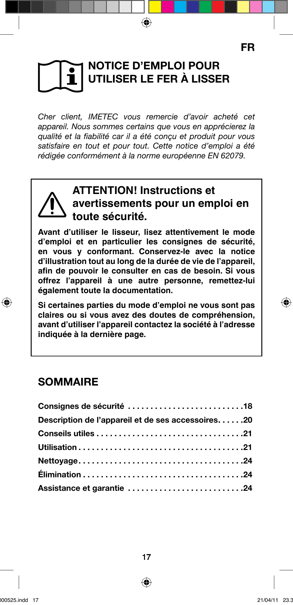 Notice d’emploi pour utiliser le fer à lisser, Sommaire | Imetec BELLISSIMA CREATIVITY STYLE CREATOR B6 100 User Manual | Page 19 / 66