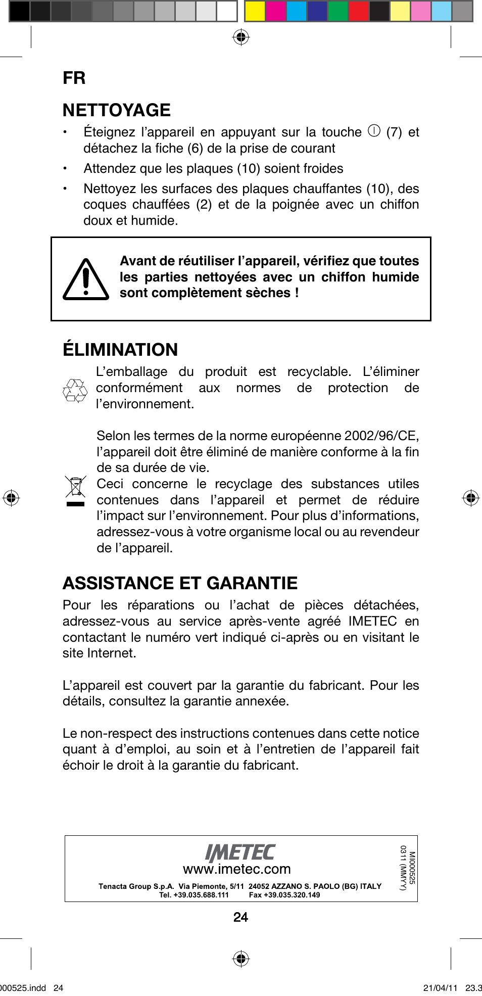 Nettoyage, Élimination, Assistance et garantie | Imetec BELLISSIMA CREATIVITY STYLE CREATOR B6 100 User Manual | Page 26 / 66