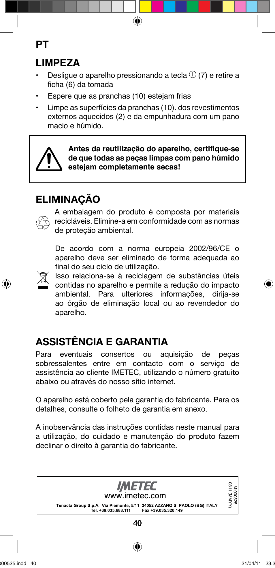 Limpeza, Eliminação, Assistência e garantia | Imetec BELLISSIMA CREATIVITY STYLE CREATOR B6 100 User Manual | Page 42 / 66