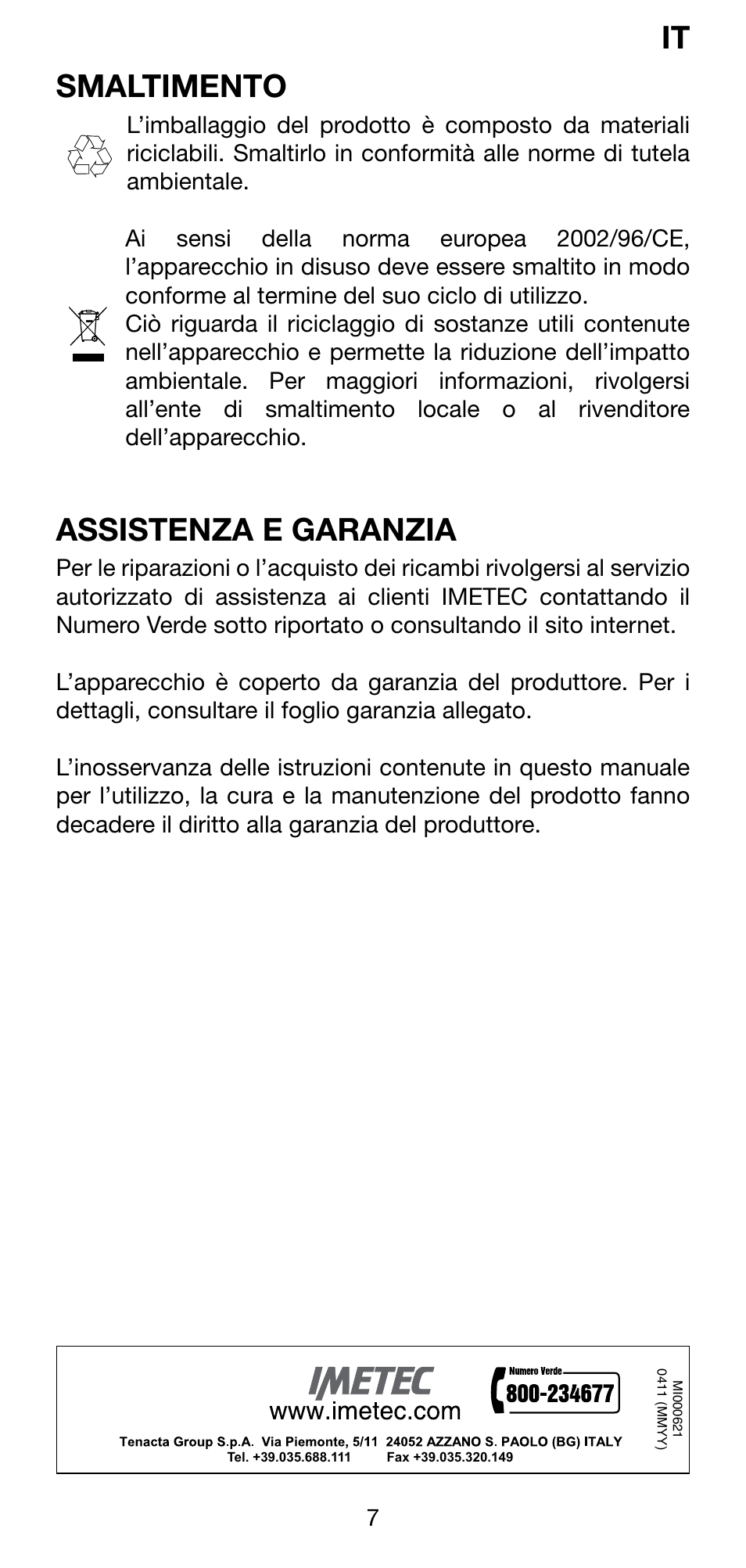 Smaltimento, Assistenza e garanzia | Imetec BELLISSIMA CREATIVITY B30 50 User Manual | Page 9 / 73