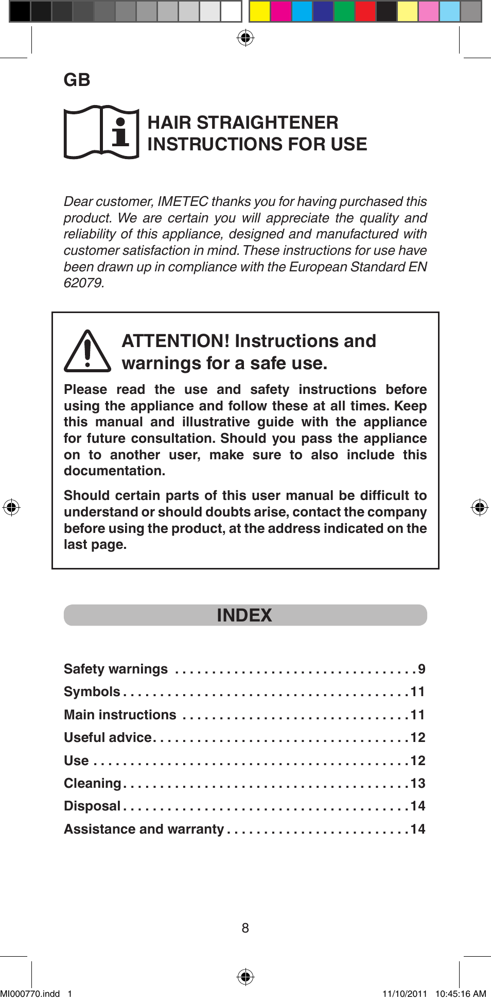 Hair straightener instructions for use, Index | Imetec BELLISSIMA B15 50 User Manual | Page 10 / 66